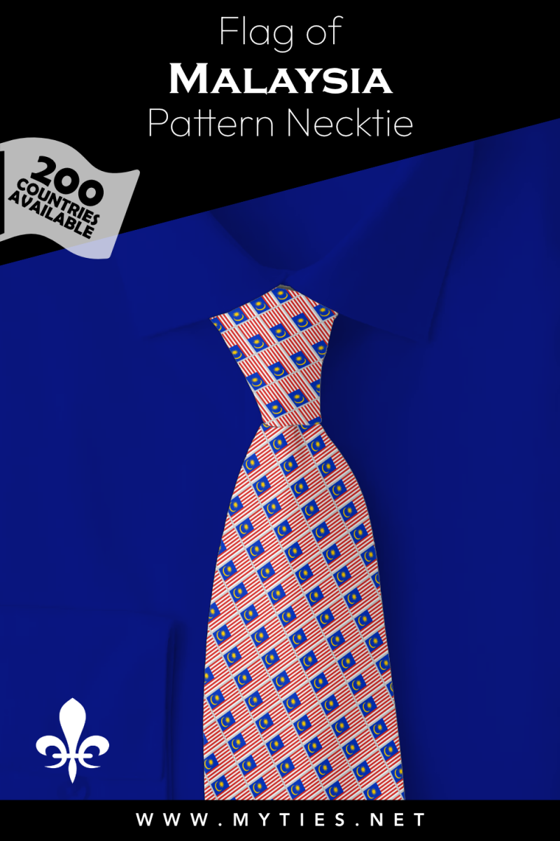 Pinterest Pin image: Flag of Malaysia patterned necktie, illustration of Malaysia flag necktie on folded blue shirt