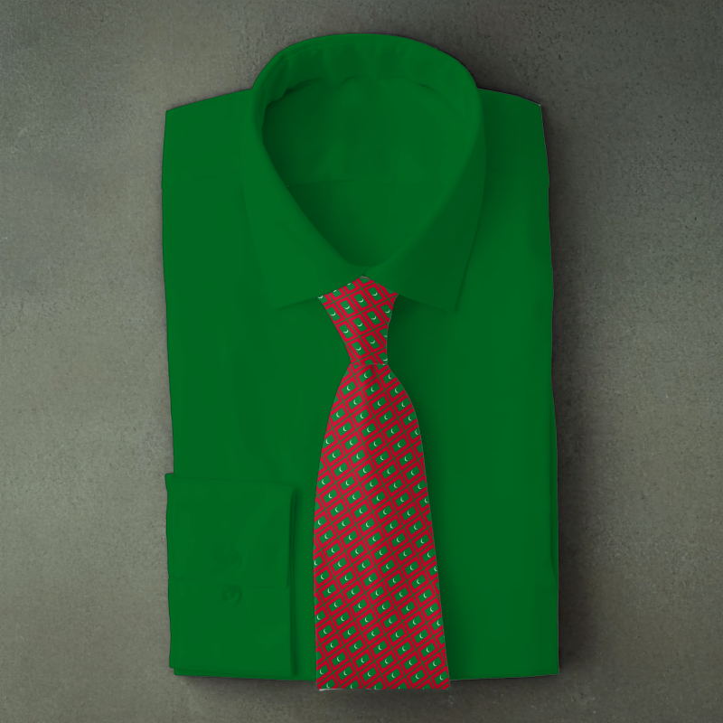 Maldives flag necktie on green folded shirt