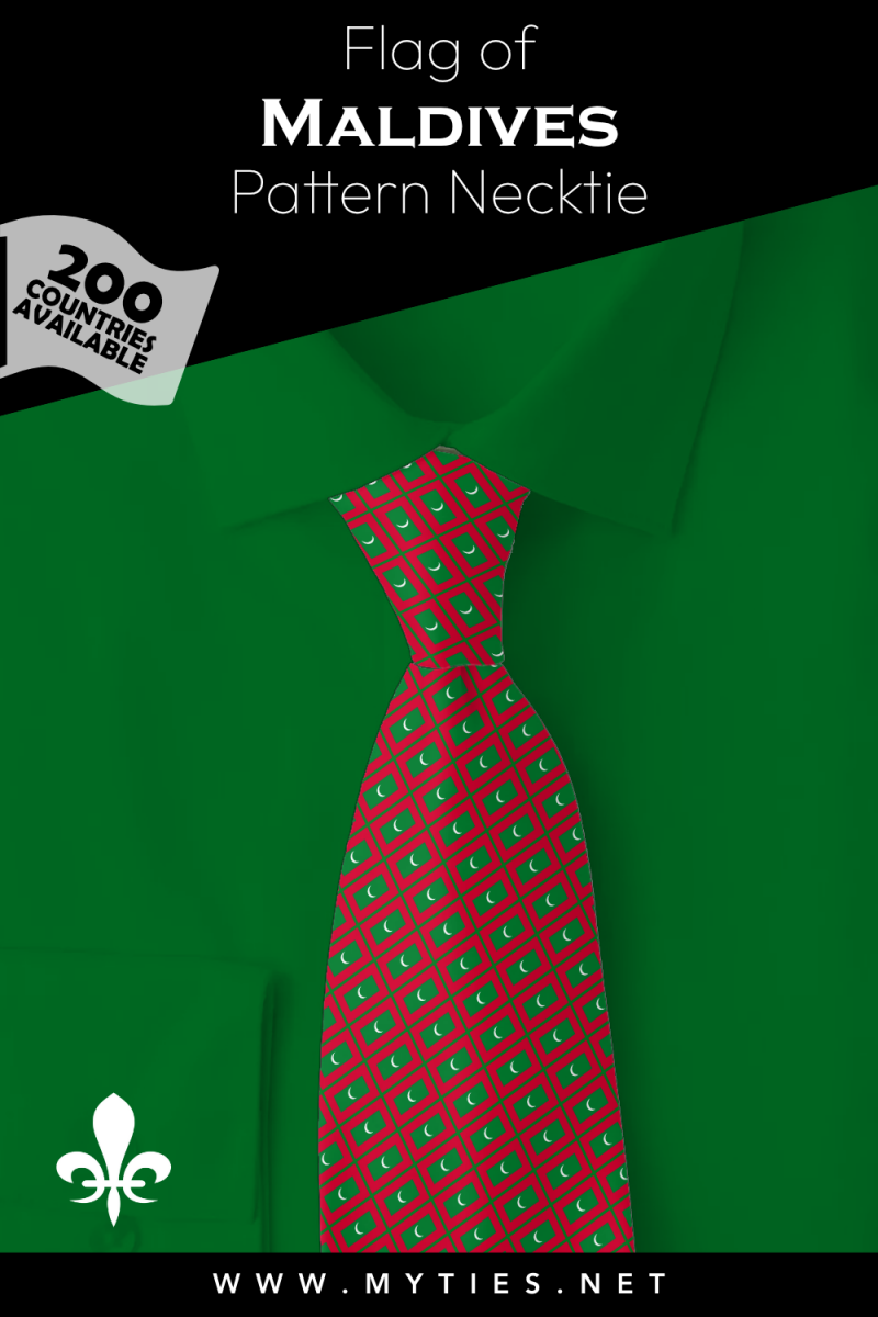 Pinterest Pin image: Flag of Maldives patterned necktie, illustration of Maldives flag necktie on folded green shirt