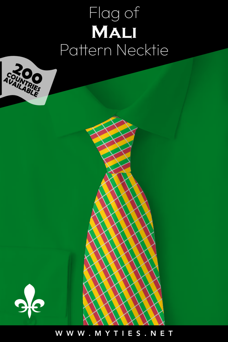 Pinterest Pin image: Flag of Mali patterned necktie, illustration of Mali flag necktie on folded green shirt