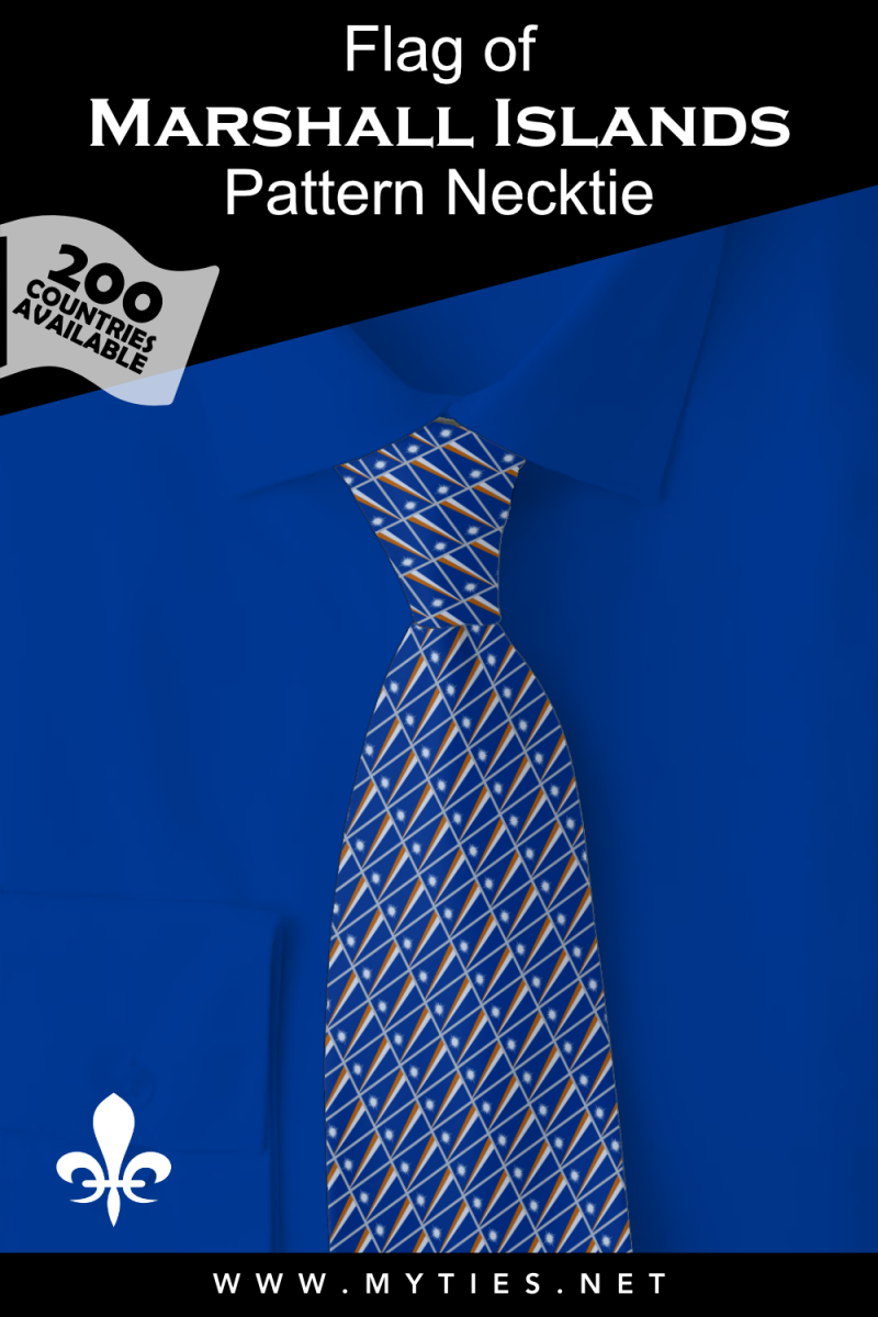 Pinterest Pin image: Flag of Marshall Islands patterned necktie, illustration of Marshall Islands flag necktie on folded blue shirt