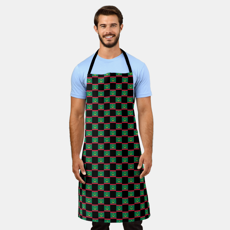 Mauritania flag apron with checkered flag motif, ideal for grilling or kitchen use.