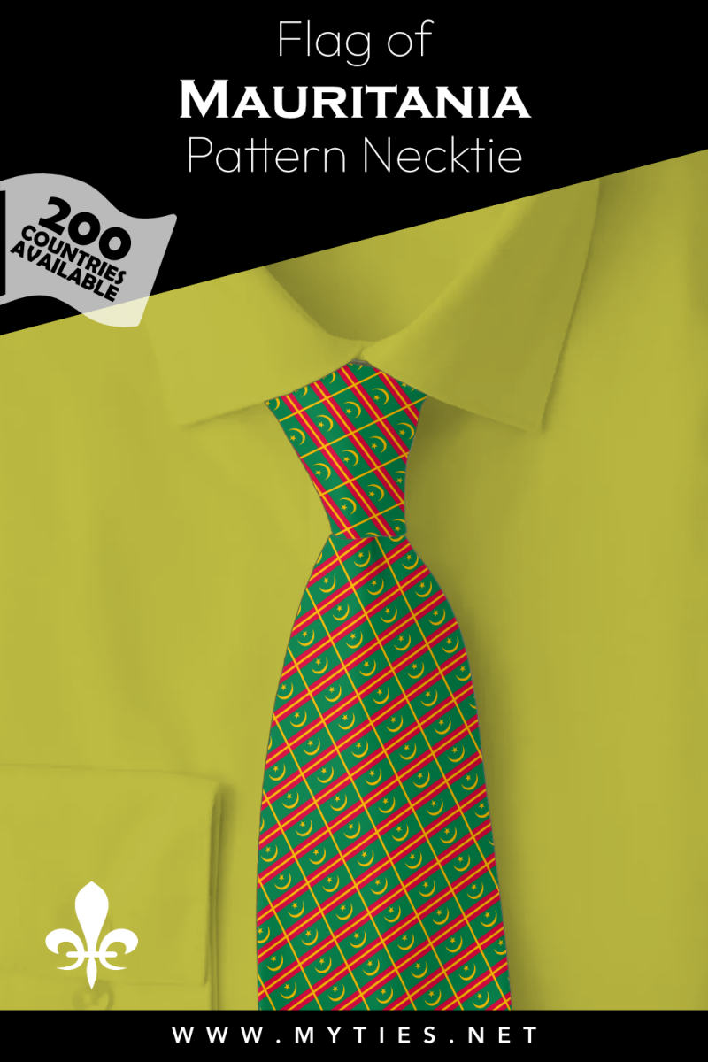 Pinterest Pin image: Flag of Mauritania patterned necktie, illustration of Mauritania flag necktie on folded yellow shirt