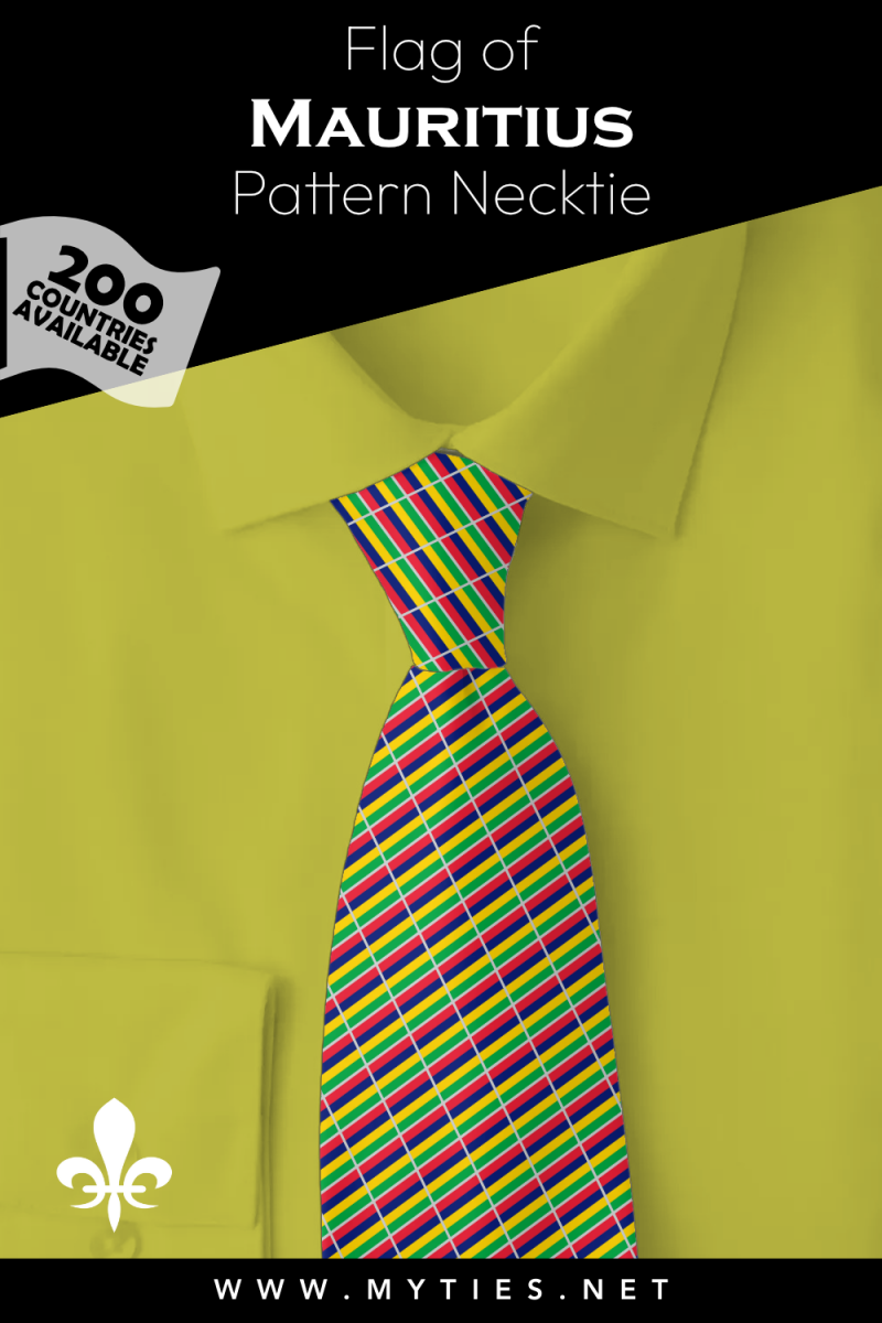 Pinterest Pin image: Flag of Mauritius patterned necktie, illustration of Mauritius flag necktie on folded yellow shirt