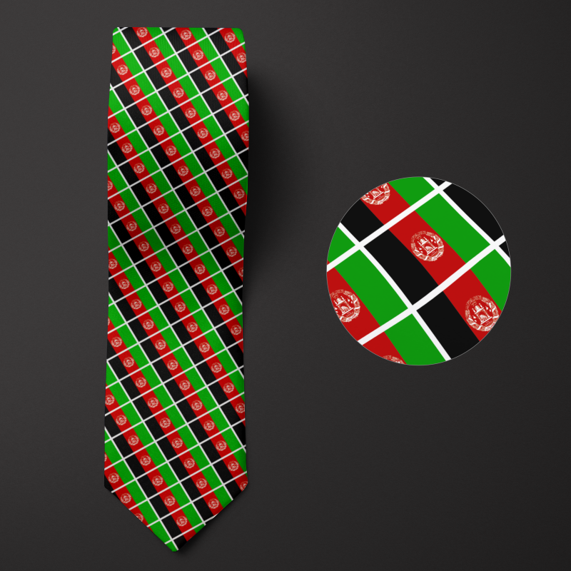 Folded men's necktie featuring a pattern of tiny Afghanistan flags. Also includes a magnified illustration  showing details of the Afghanistan flag pattern.