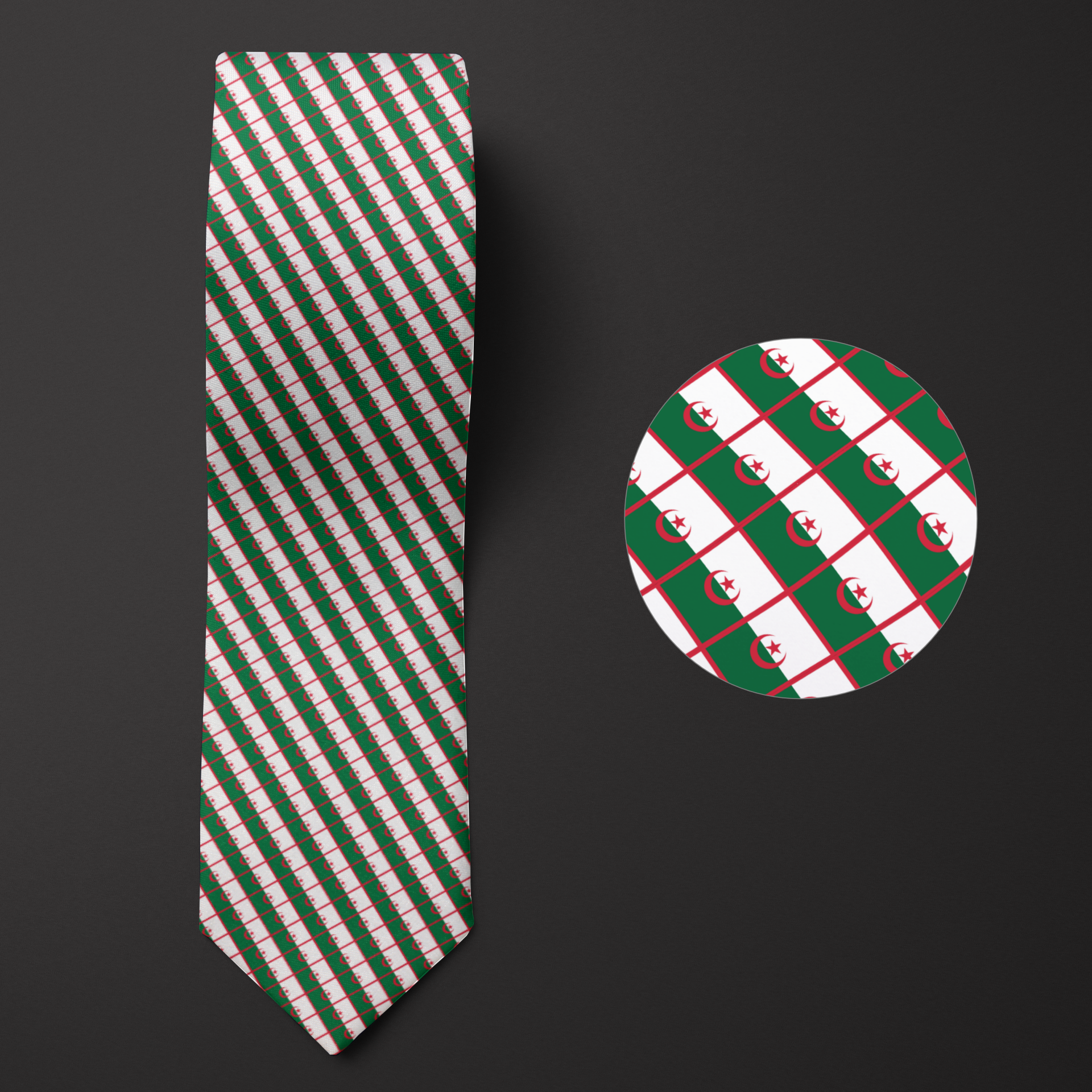 Algeria flag pattern on a folded necktie, with a magnified view showing the design's detail.