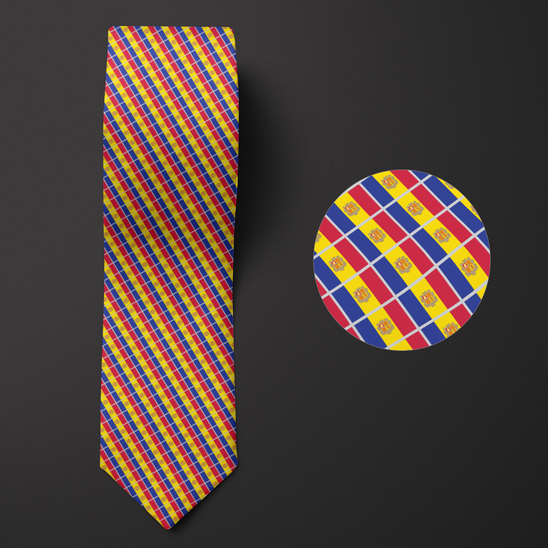 A folded Men's necktie with an intricate pattern of Andorra flags, along with a magnified view of the design.
