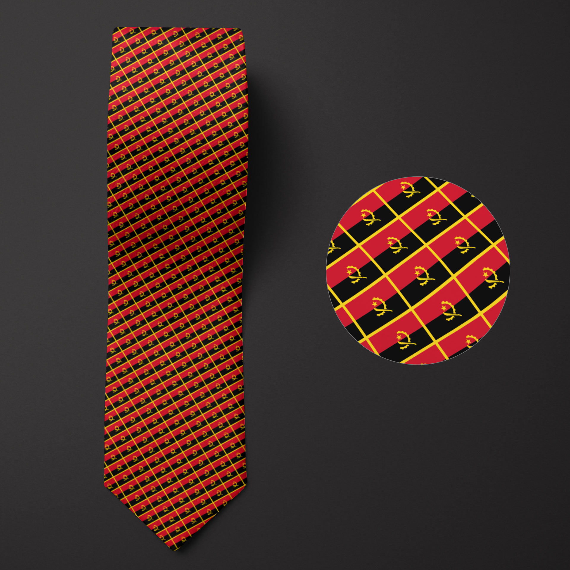 A necktie with Angola flags arrayed in a pattern, and an illustration showing a magnified view of the design.