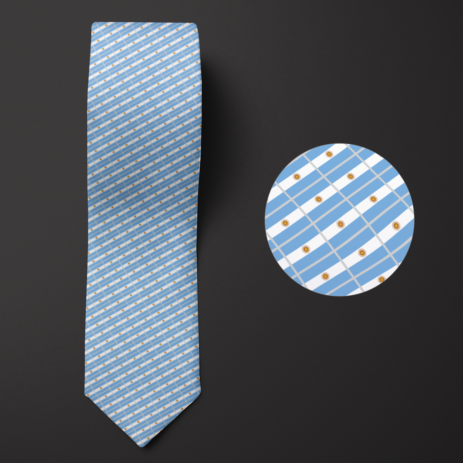 Pattern of Argentina flags featured on a folded men's necktie. Includes a magnified illustration detailing the design.