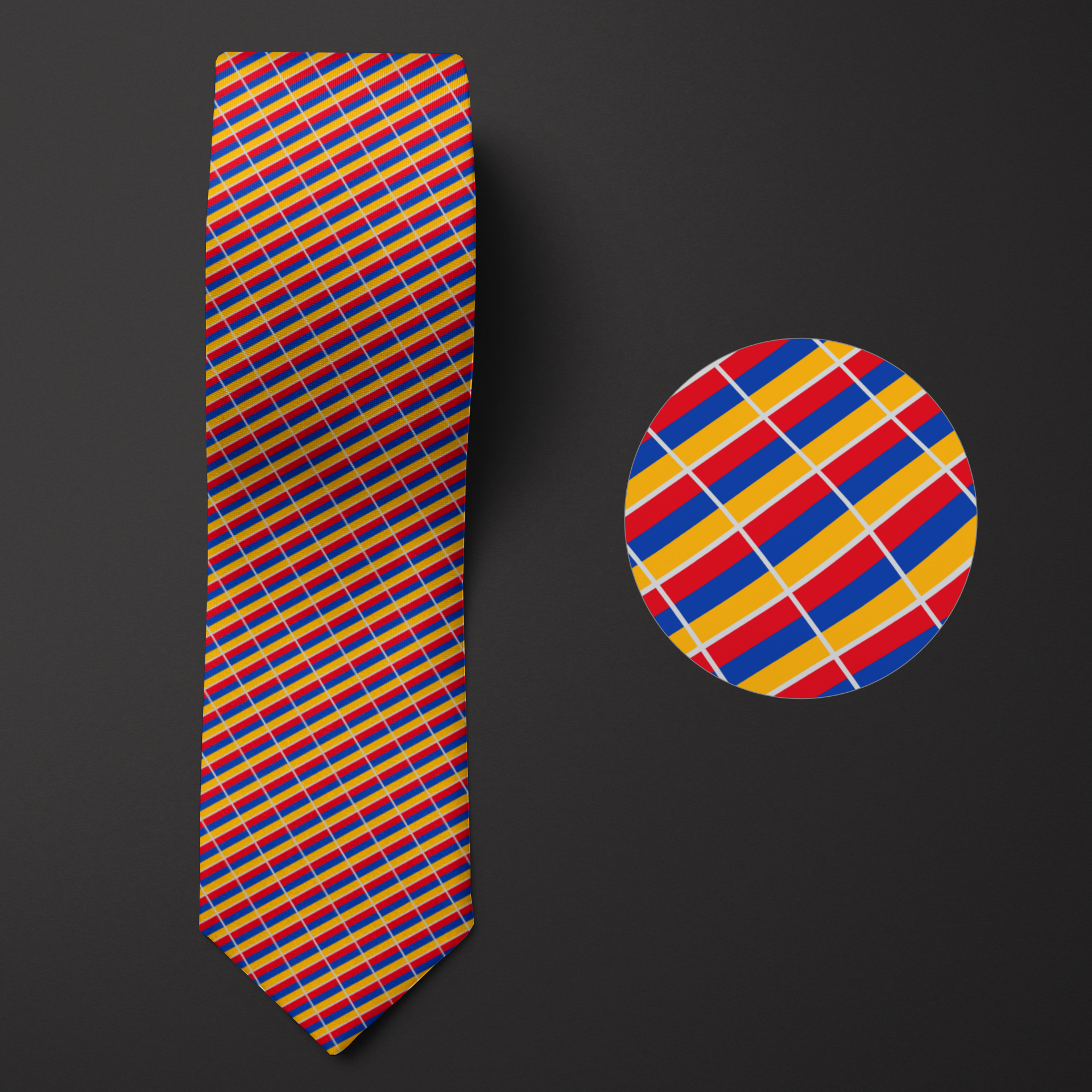 Armenia flag pattern on a folded necktie, with a magnified view showing the design's detail.