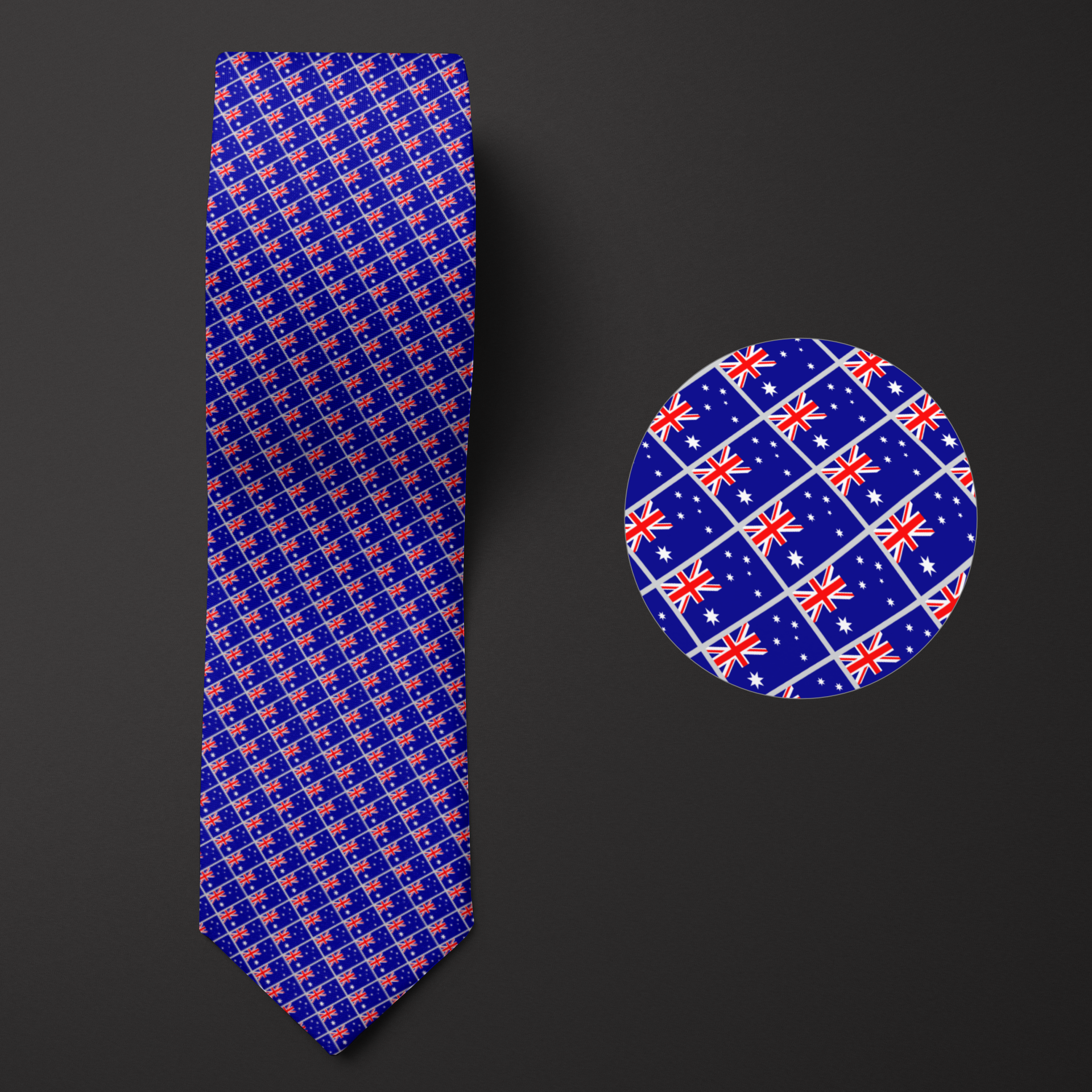 A folded Men's necktie with an intricate pattern of Australia flags, along with a magnified view of the design.