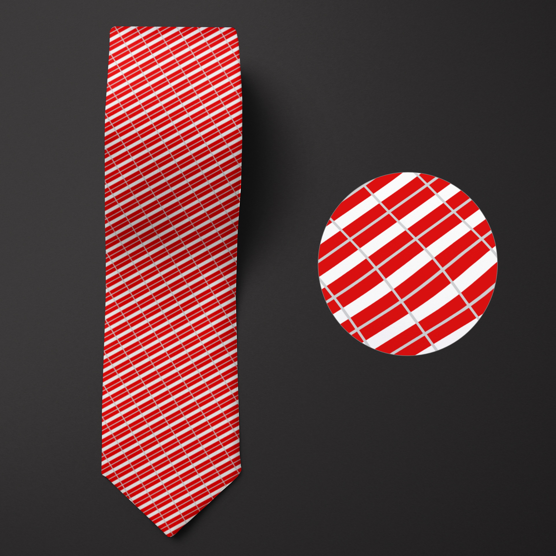 A necktie with Austria flags arrayed in a pattern, and an illustration showing a magnified view of the design.