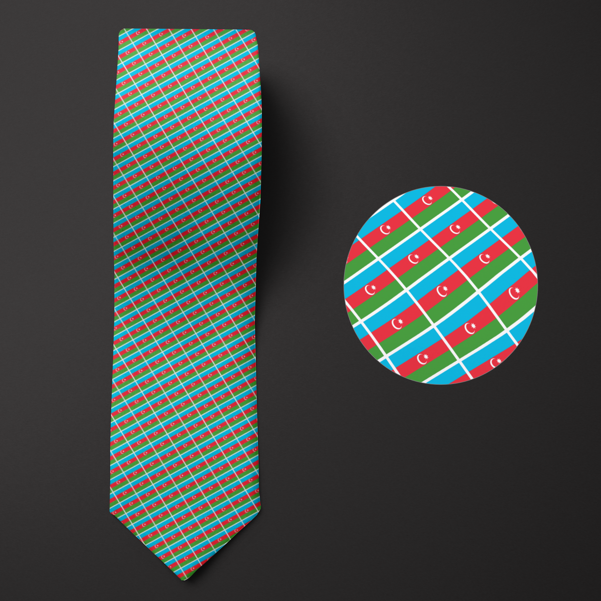 Folded men's necktie featuring a pattern inspired by the national flag of Azerbaijan. Includes a magnified view of the design's detail.