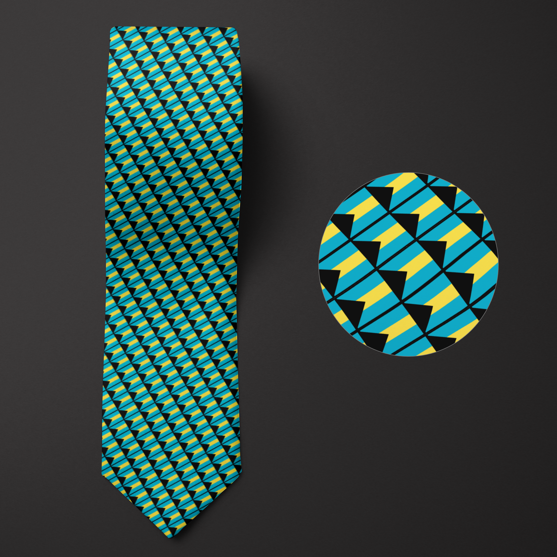 Pattern of Bahamas flags featured on a folded men's necktie. Includes a magnified illustration detailing the design.