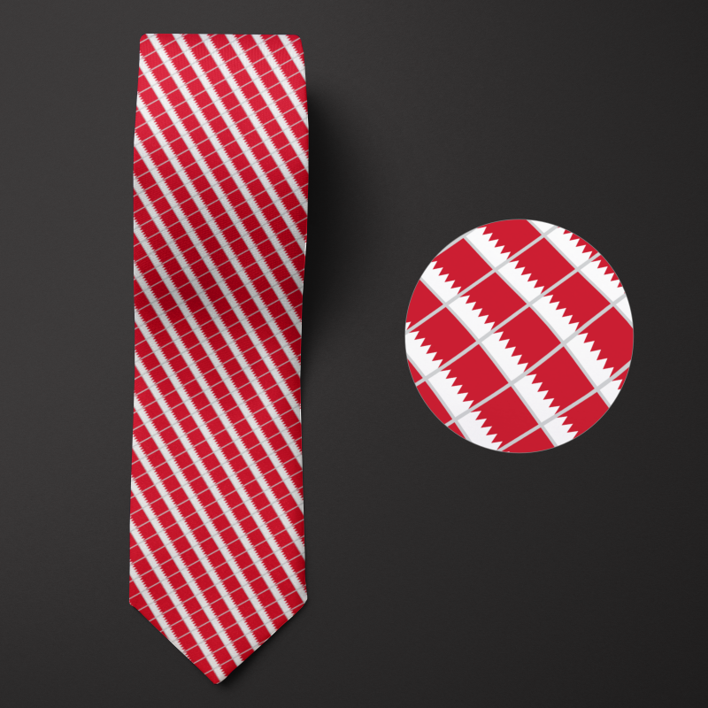 Bahrain flag pattern on a folded necktie, with a magnified view showing the design's detail.