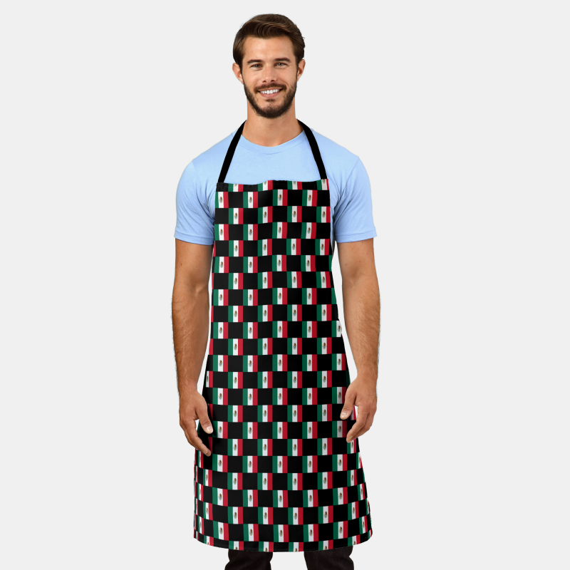 Mexico flag checkered pattern on full-length apron – perfect for the kitchen or grill.