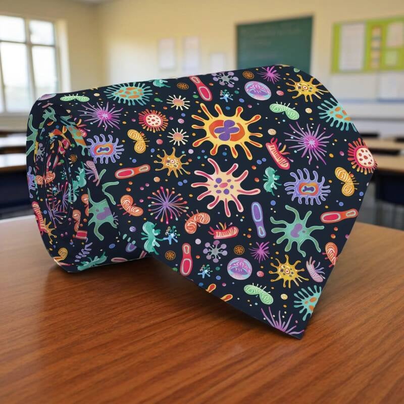 Personalized rolled necktie featuring colorful cartoonish microbes on a black background.