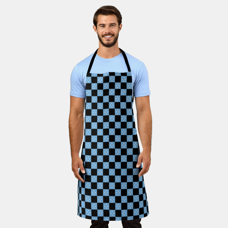 Apron featuring a bold checkered design inspired by the national flag of Micronesia.