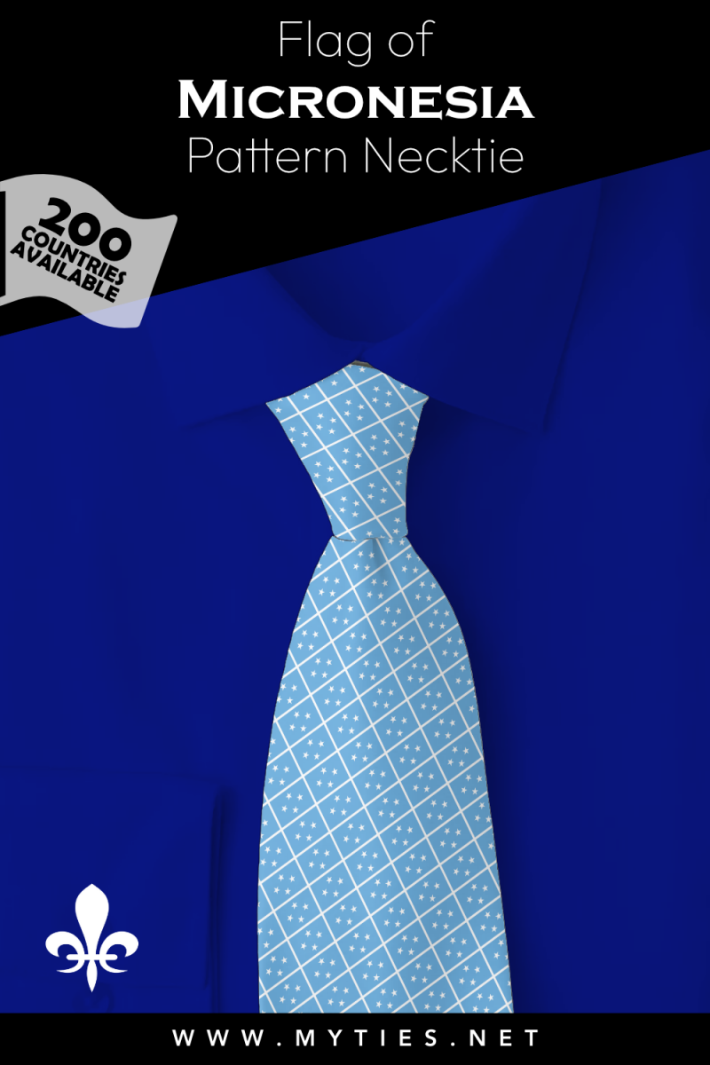 Pinterest Pin image: Flag of Micronesia patterned necktie, illustration of Micronesia flag necktie on folded blue shirt