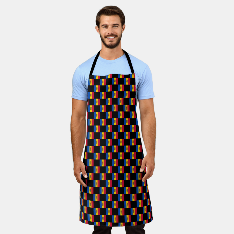 Full-length cooking apron printed with the Moldova flag in a checkered layout.