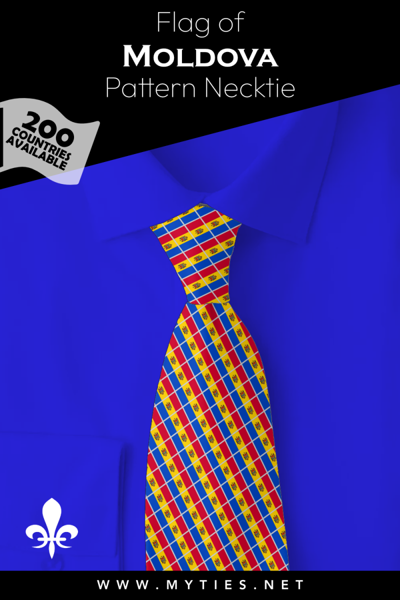 Pinterest Pin image: Flag of Moldova patterned necktie, illustration of Moldova flag necktie on folded blue shirt