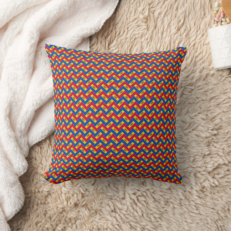 Square pillow printed with a stylized Moldova flag in a bold, modern design.