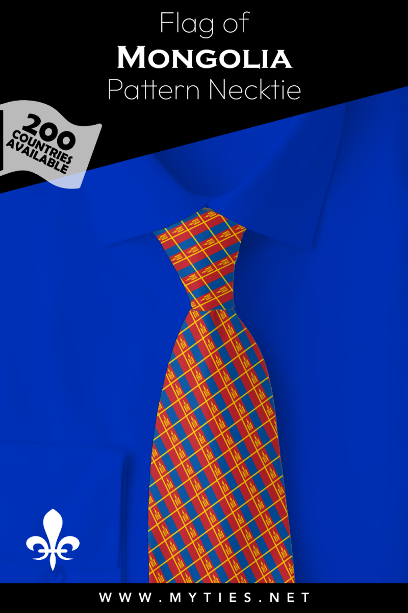 Pinterest Pin image: Flag of Mongolia patterned necktie, illustration of Mongolia flag necktie on folded blue shirt
