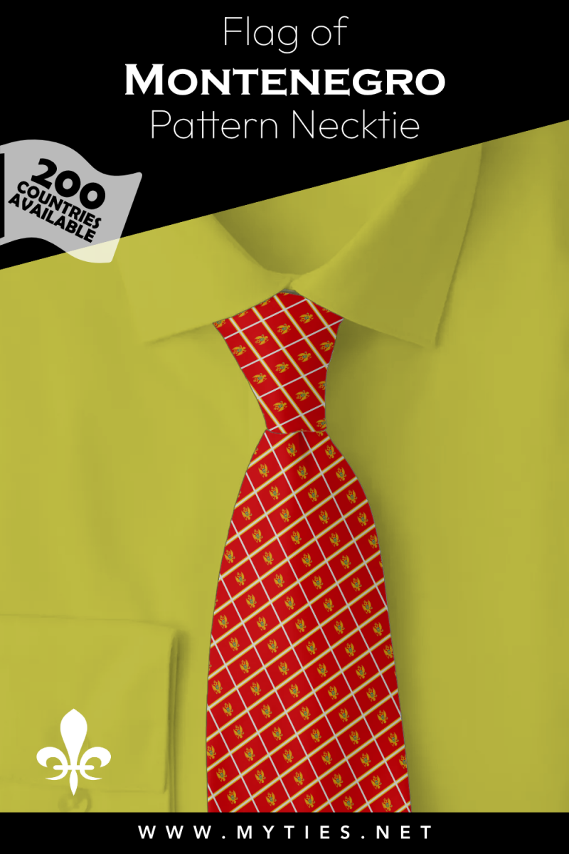 Pinterest Pin image: Flag of Montenegro patterned necktie, illustration of Montenegro flag necktie on folded golden yellow shirt