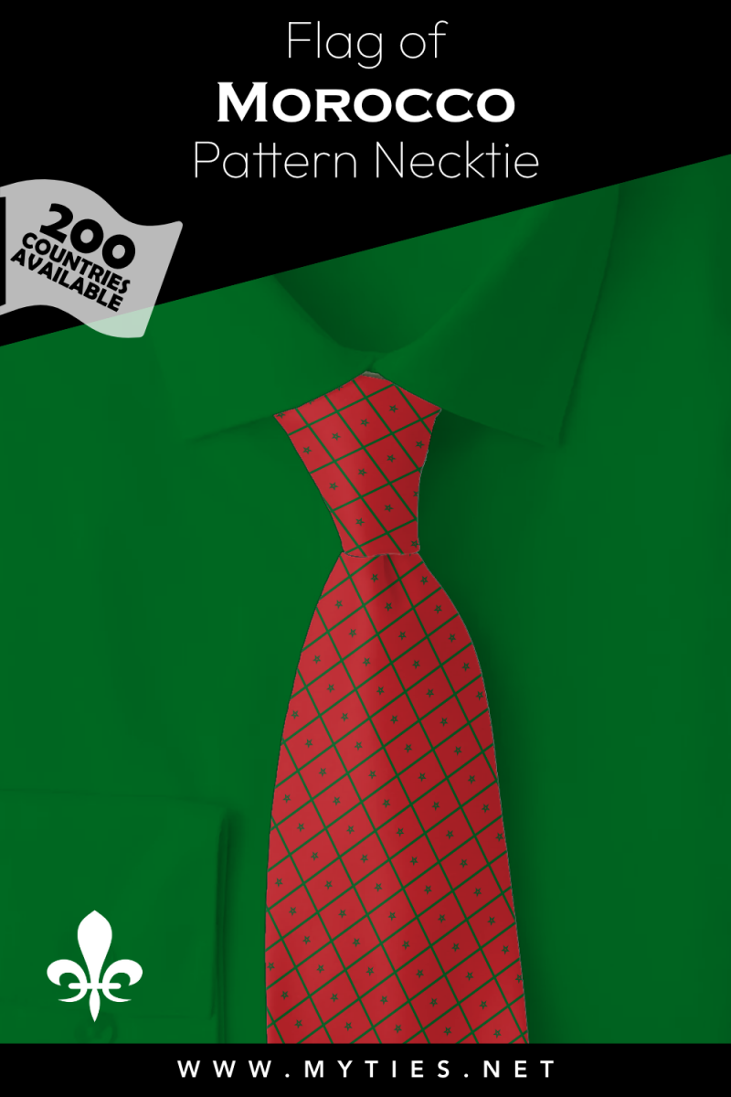 Pinterest Pin image: Flag of Morocco patterned necktie, illustration of Morocco flag necktie on folded green shirt