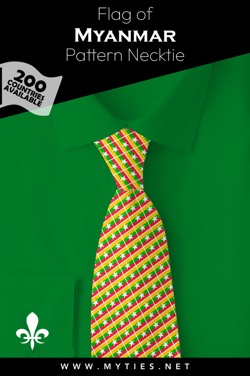 Pinterest Pin image: Flag of Myanmar patterned necktie, illustration of Myanmar flag necktie on folded green shirt