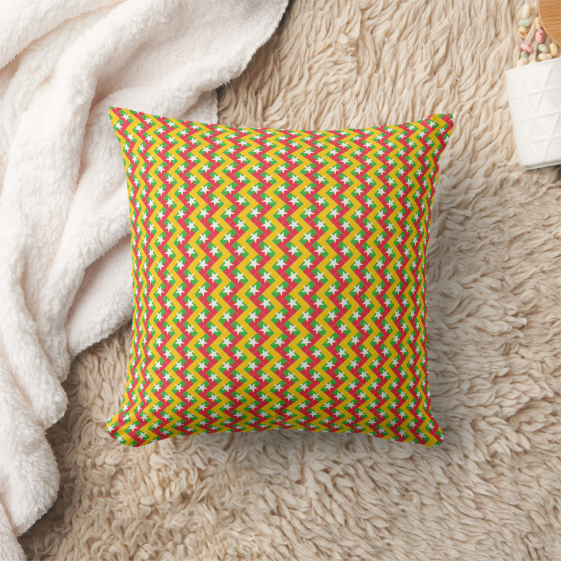 Accent pillow showcasing the Myanmar flag in a contemporary patchwork layout.