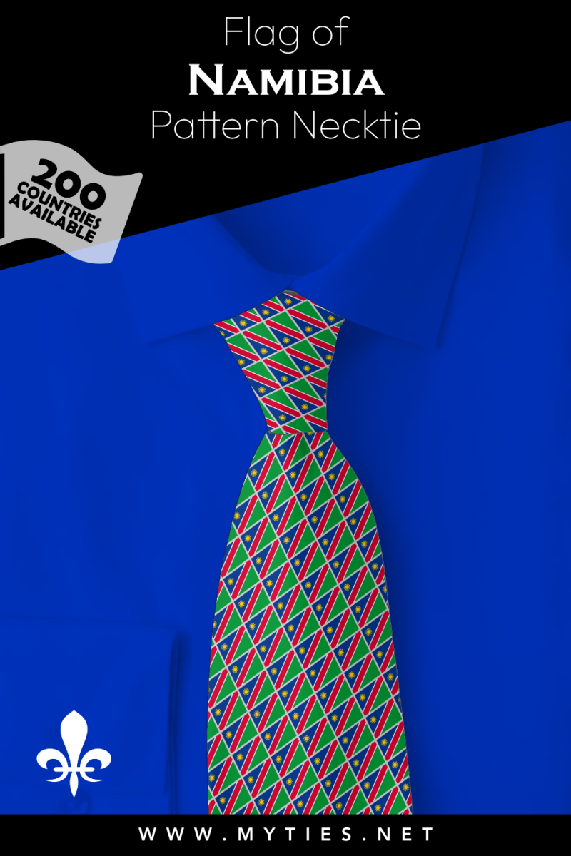 Pinterest Pin image: Flag of Namibia patterned necktie, illustration of Namibia flag necktie on folded blue shirt