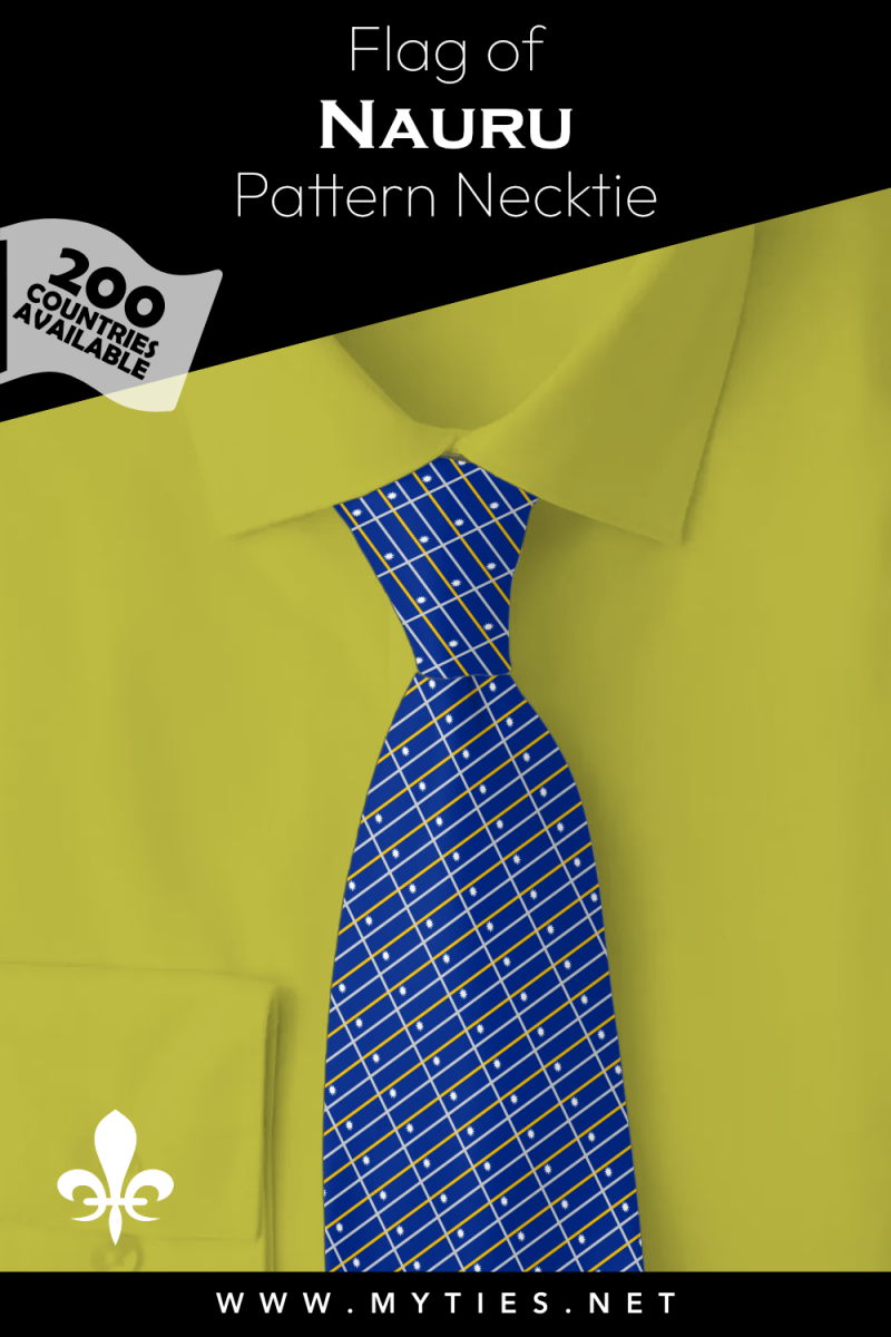 Pinterest Pin image: Flag of Nauru patterned necktie, illustration of Nauru flag necktie on folded yellow shirt