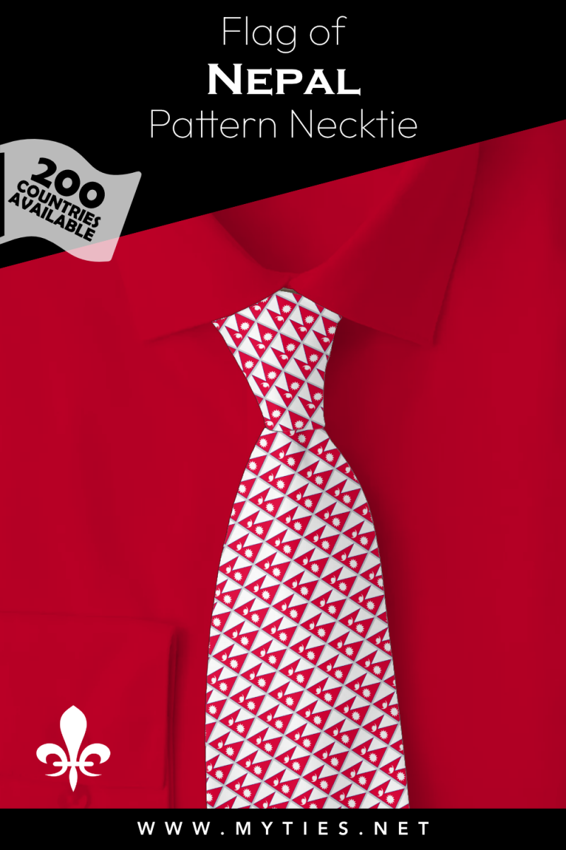 Pinterest Pin image: Flag of Nepal patterned necktie, illustration of Nepal flag necktie on folded red shirt