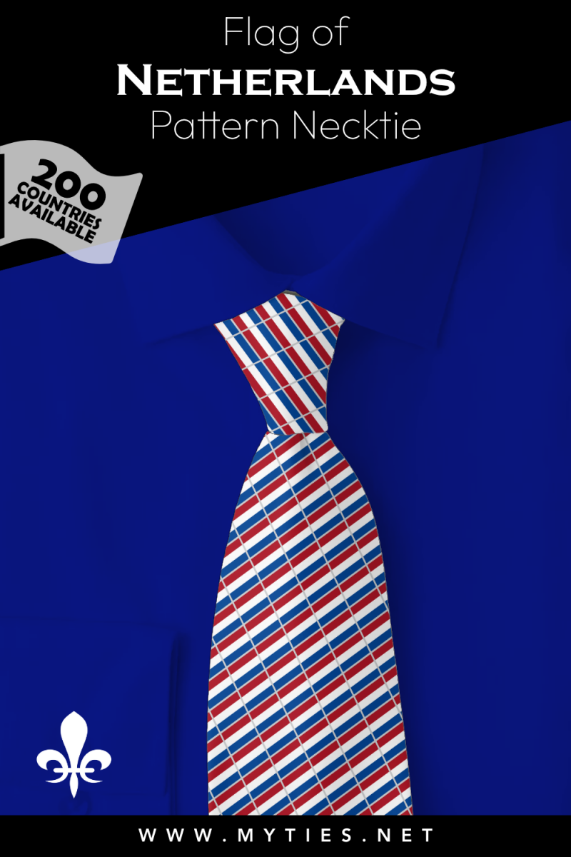 Pinterest Pin image: Flag of Netherlands patterned necktie, illustration of Netherlands flag necktie on folded blue shirt