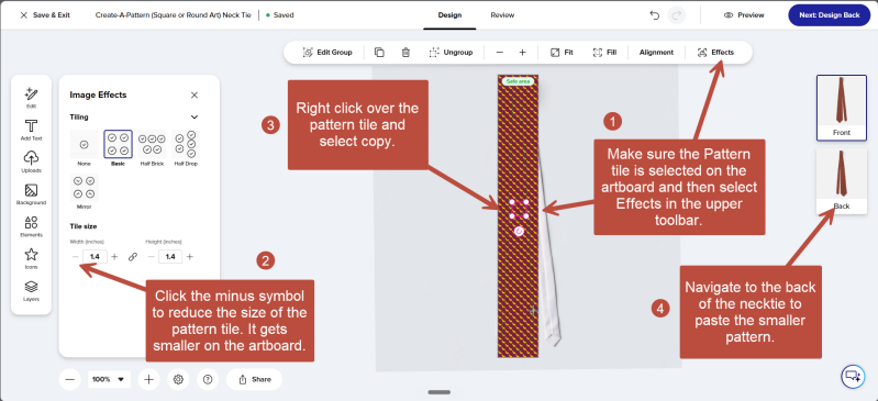 Zazzle Designer Screenshot illustrating how to decrease the size of a necktie pattern. (front) 