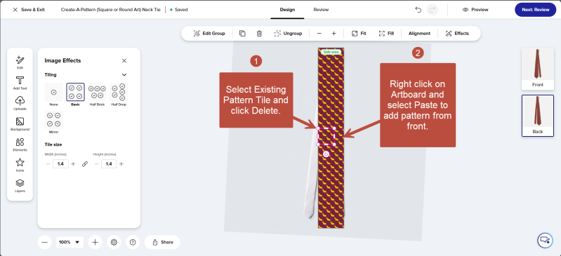 Zazzle Designer Screenshot illustrating how to decrease the size of a necktie pattern. (back) 