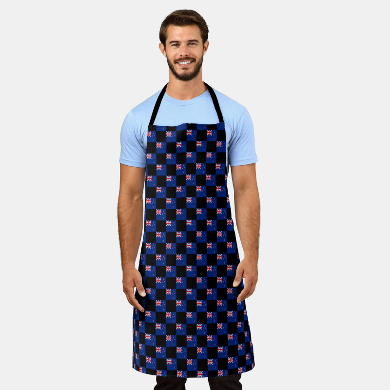 New Zealand flag apron with checkered flag motif, ideal for grilling or kitchen use.
