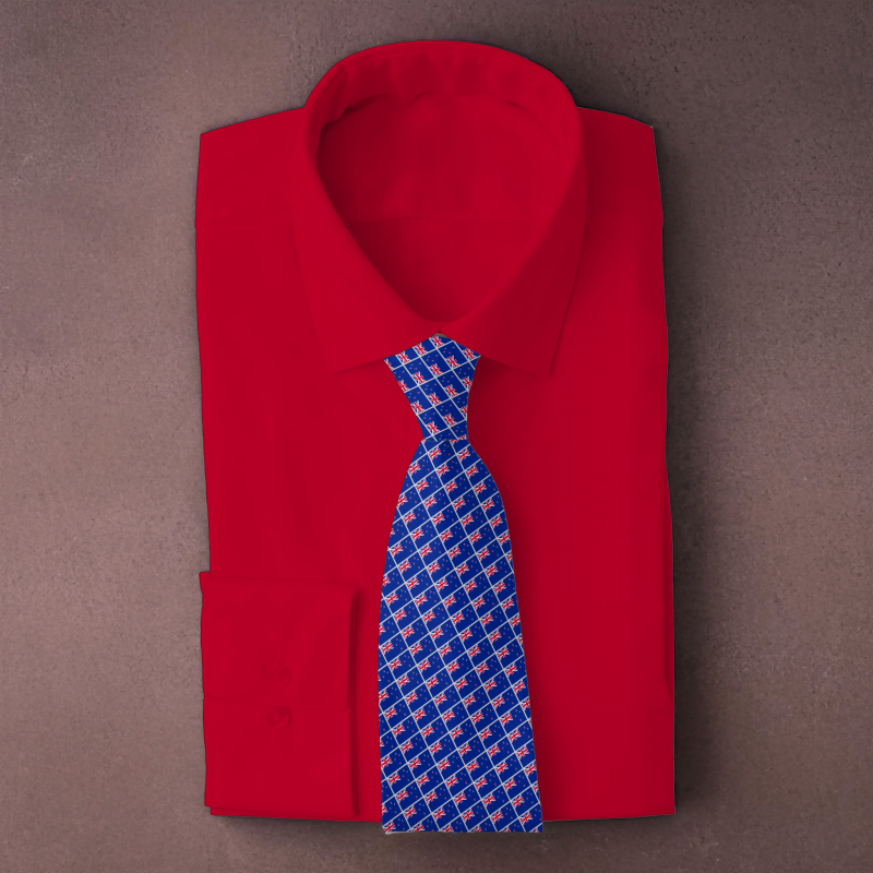 New Zealand flag necktie on red folded shirt