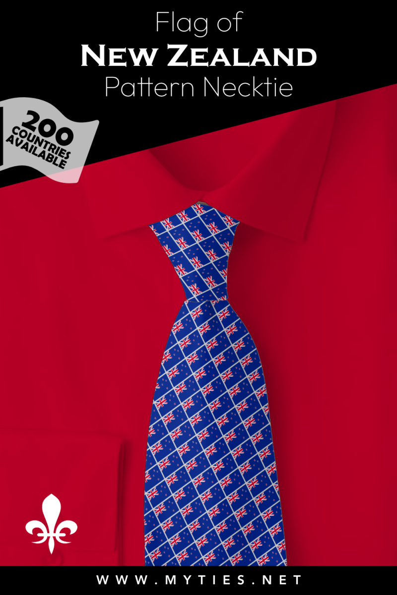 Pinterest Pin image: Flag of New Zealand patterned necktie, illustration of New Zealand flag necktie on folded red shirt