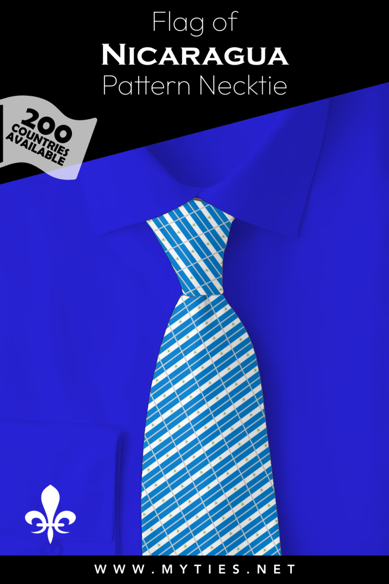 Pinterest Pin image: Flag of Nicaragua patterned necktie, illustration of Nicaragua flag necktie on folded blue shirt