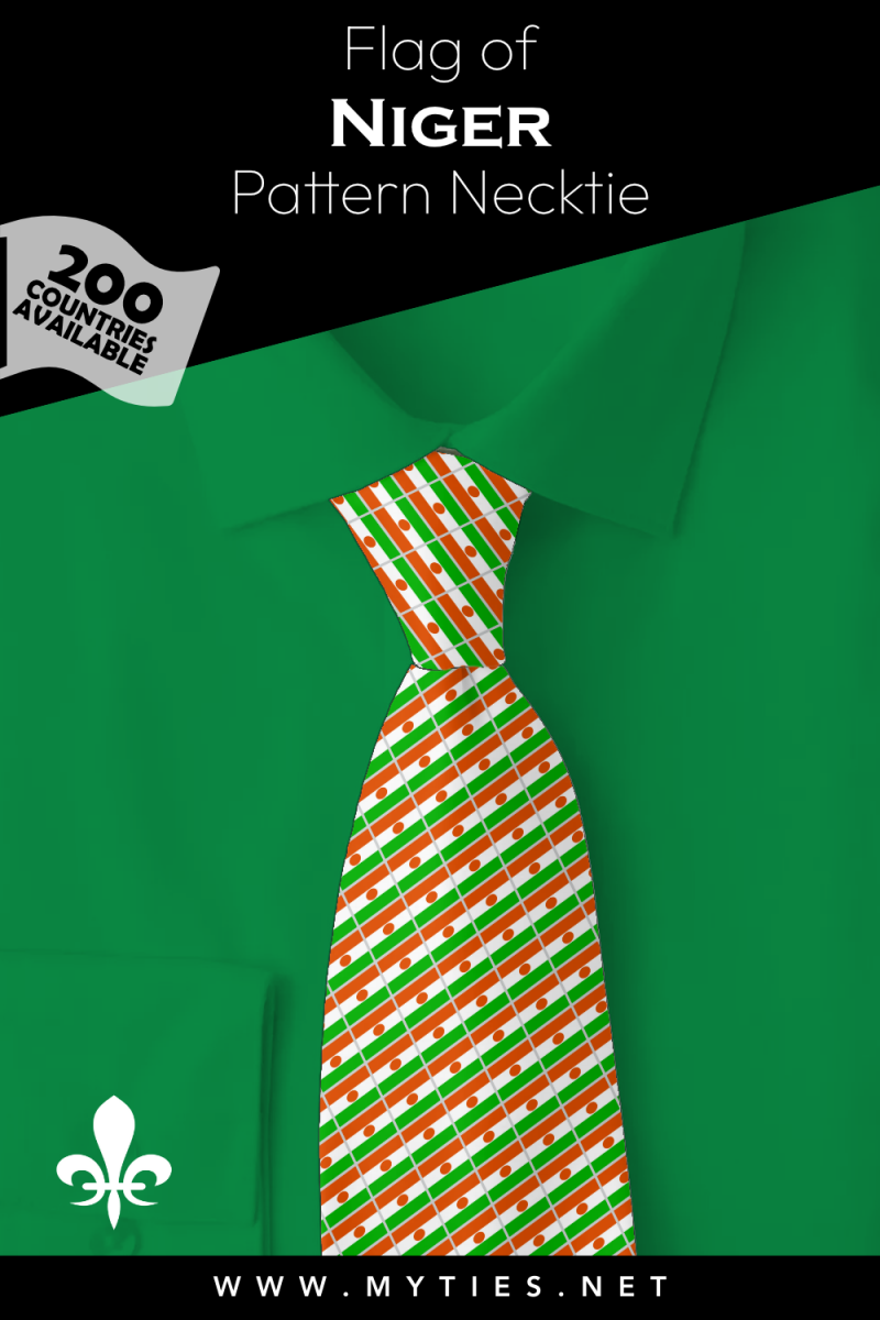 Pinterest Pin image: Flag of Niger patterned necktie, illustration of Niger flag necktie on folded green shirt