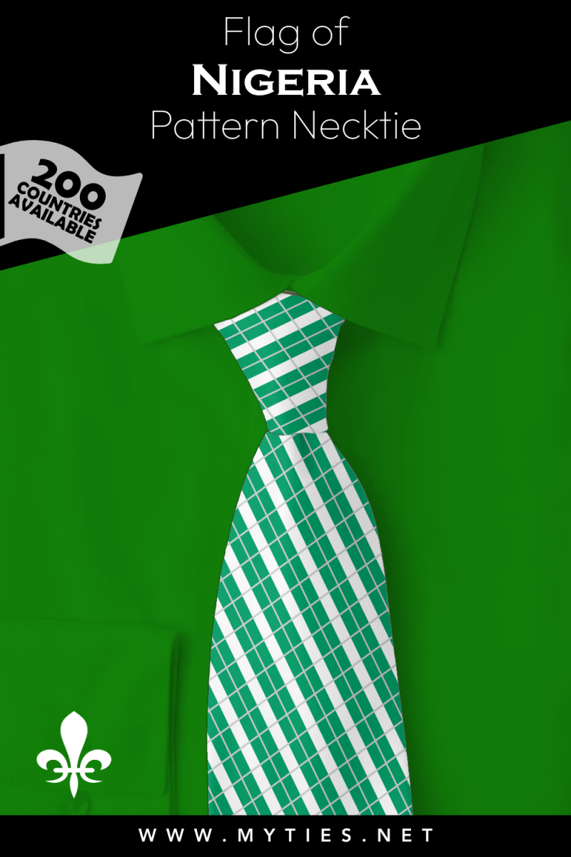 Pinterest Pin image: Flag of Nigeria patterned necktie, illustration of Nigeria flag necktie on folded green shirt