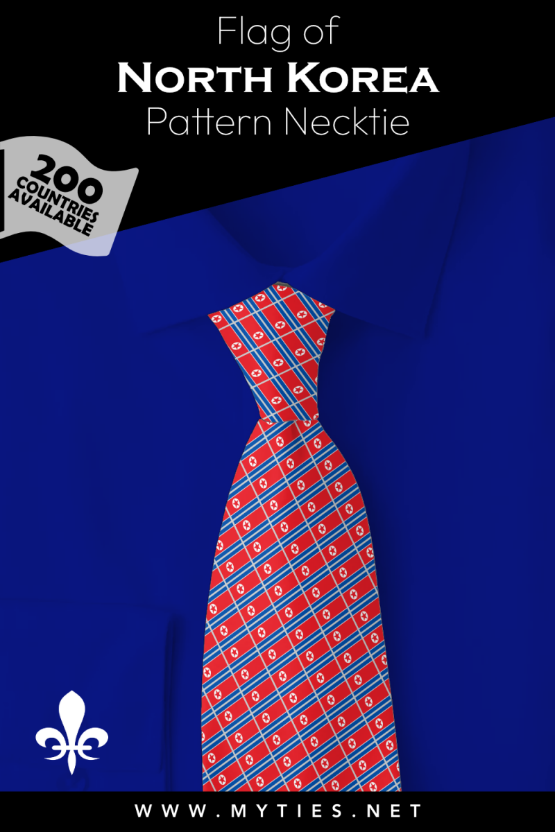 Pinterest Pin image: Flag of North Korea patterned necktie, illustration of North Korea flag necktie on folded blue shirt