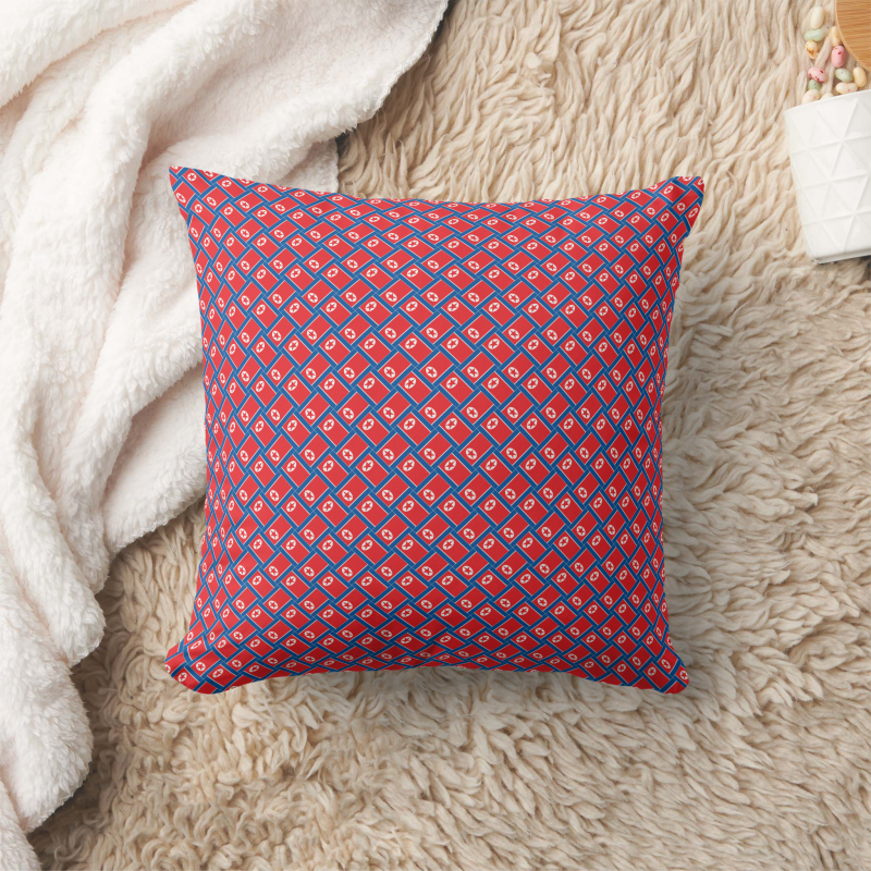 Square pillow printed with a stylized North Korea flag in a bold, modern design.