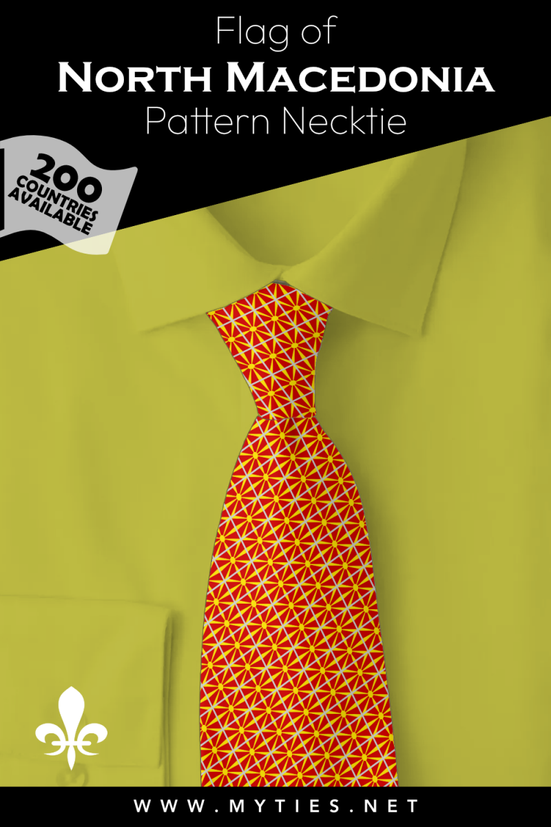 Pinterest Pin image: Flag of North Macedonia patterned necktie, illustration of North Macedonia flag necktie on folded yellow shirt