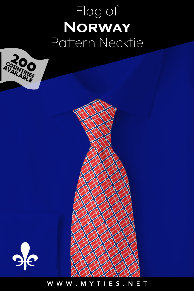 Pinterest Pin image: Flag of Norway patterned necktie, illustration of Norway flag necktie on folded blue shirt