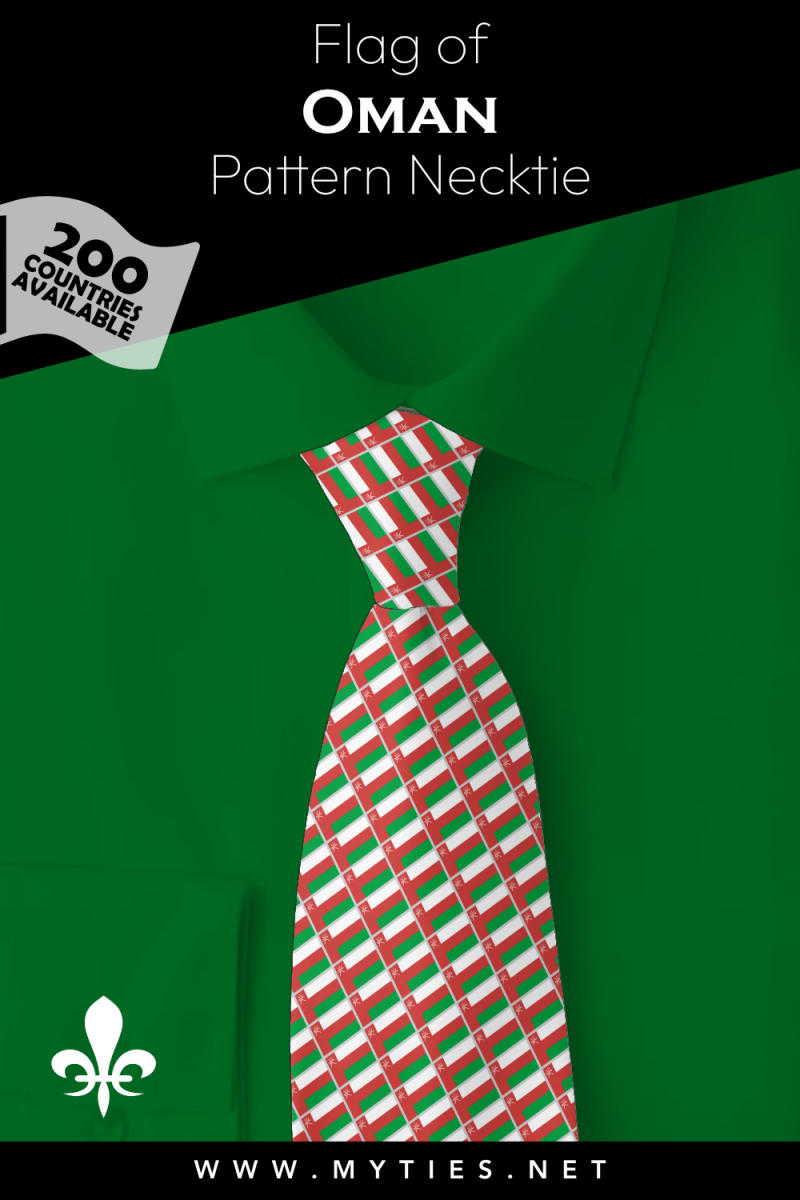Pinterest Pin image: Flag of Oman patterned necktie, illustration of Oman flag necktie on folded green shirt