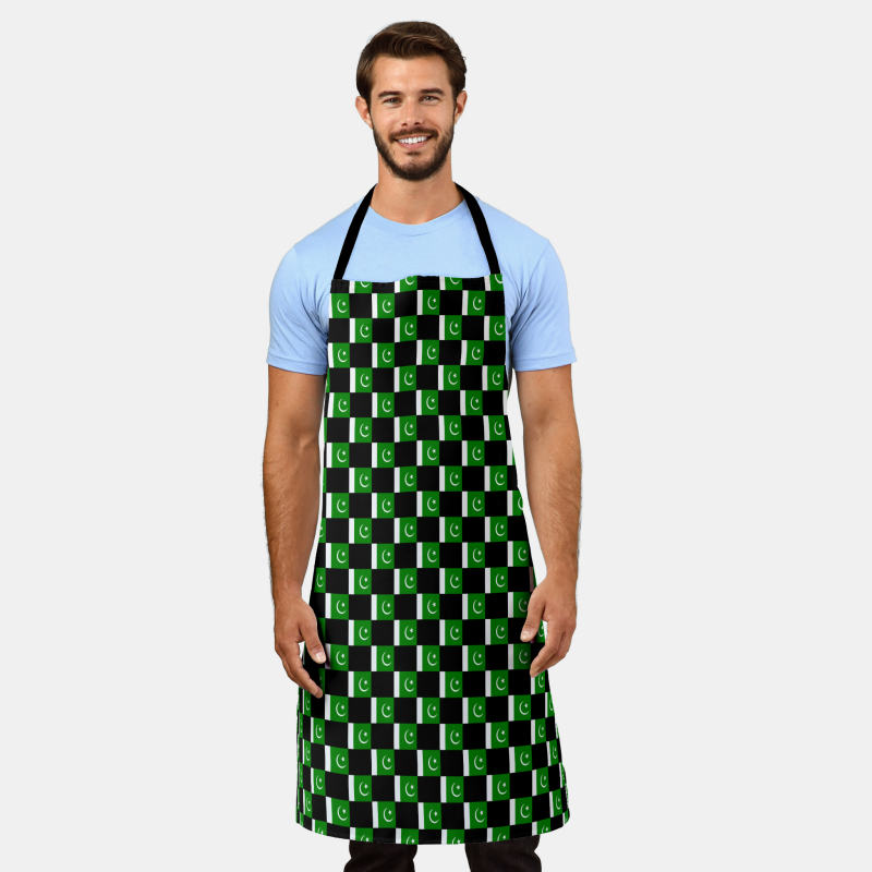 Apron featuring a bold checkered design inspired by the national flag of Pakistan.