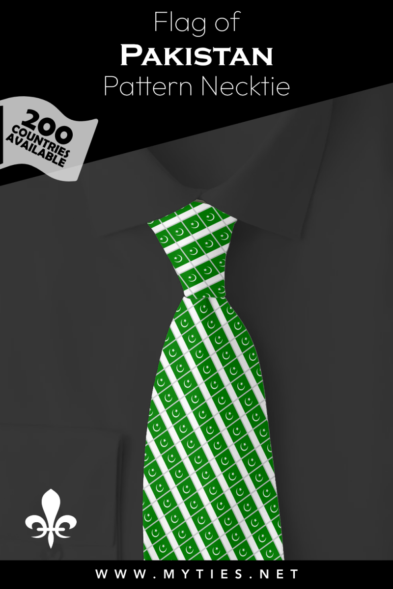 Pinterest Pin image: Flag of Pakistan patterned necktie, illustration of Pakistan flag necktie on folded green shirt